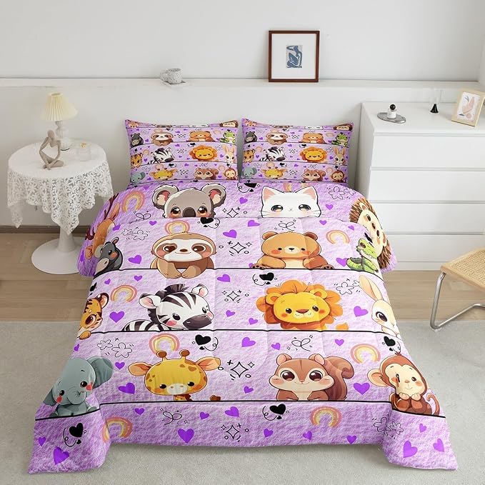 Manfei Kawaii Animals Comforter Set King Size,Kids Gifts Cartoon Purple Down Alternative Adults Bedroom Decor,Cute Wildlife Giraffe Lion Ultra Soft Microfiber Inner Fill 3Pcs Bedding by Manfei