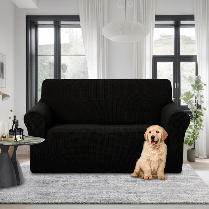 U-NICE HOME Loveseat Cover Stretch Couch Cover Sofa Slipcover, Black | 2 Cushion Sofa, 1-Piece Sofa cover, Washable, Pet friendly, Furniture protector, Polyester Spandex Jacquard fabric - Image 2