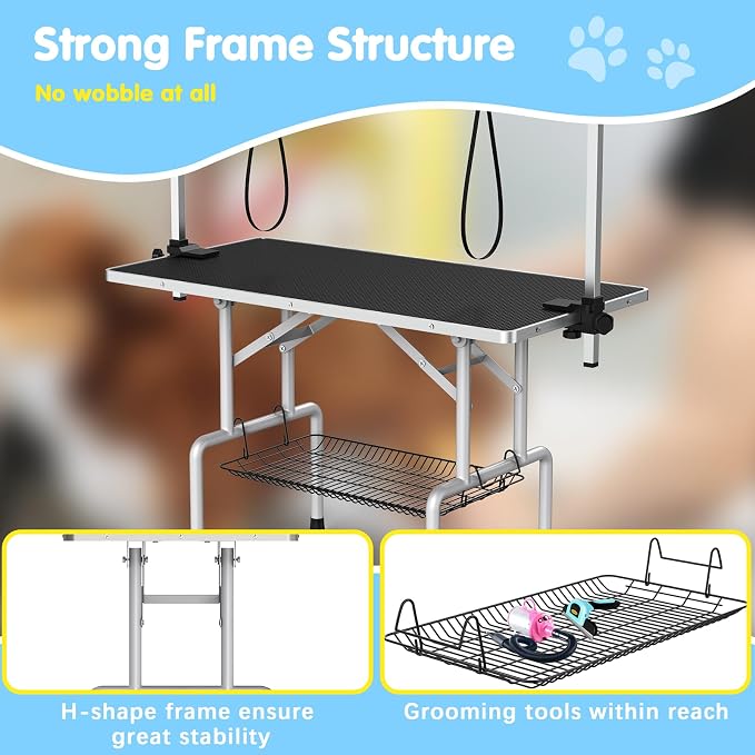 Lyromix 42'' Foldable Dog Grooming Table with Arms/Nooses/Mesh Tray, Black | Stainless Steel Grooming Table for Dogs at Home, Adjustable Pet Bathing Station, Non-Slip Waterproof Tabletop, Capacity 330Lb - Image 4