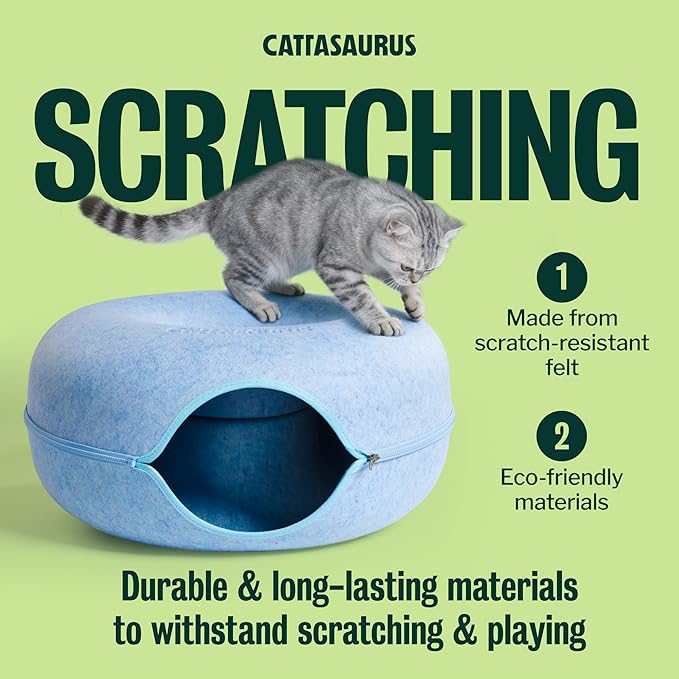 Cattasaurus Peekaboo Cat Cave Donut for Multiple & Large Cats up to 30-45 lbs, 3-in-1 Self Warming Cat Bed, Tunnel & Scratcher for Indoor Cats, Washable & Detachable Small Dog Bed (Blue, Large) - Image 5