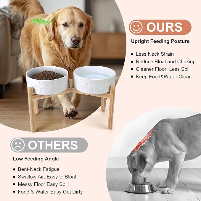 SPUNKYJUNKY Elevated Dog Bowls Ceramic, 8.3'' Dogs Food Water Bowls Raised with Non-Slip Bamboo Stand for Large Sized Breed Microwave Dishwasher Safe - 60 OZ,Paw White - Image 3