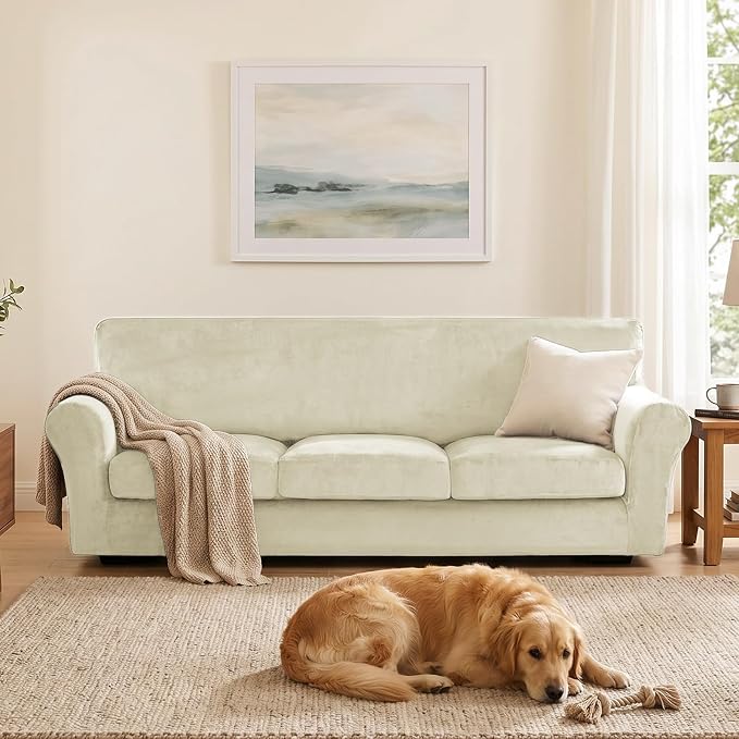 XINEAGE 4-Piece Velvet Oversize Sofa Cover, Couch Covers for Dog,Beige | 3 Cushion Large Sofa,Stretch Non-slip Elastic, Pet-friendly, Washable, Fast Setup, Soft Plush Fabric, Furniture Protector. - Image 4