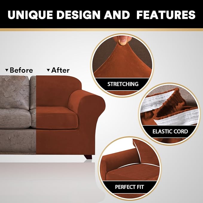 PrinceDeco Velvet XL Couch Cover for Oversized Sofa 4 Piece Sofa Covers for 3 Cushion Couch Washable Furniture Protector with Non Slip Elastic Bottom Width Up to 105 Inch (X-Large, Rust) - Image 3