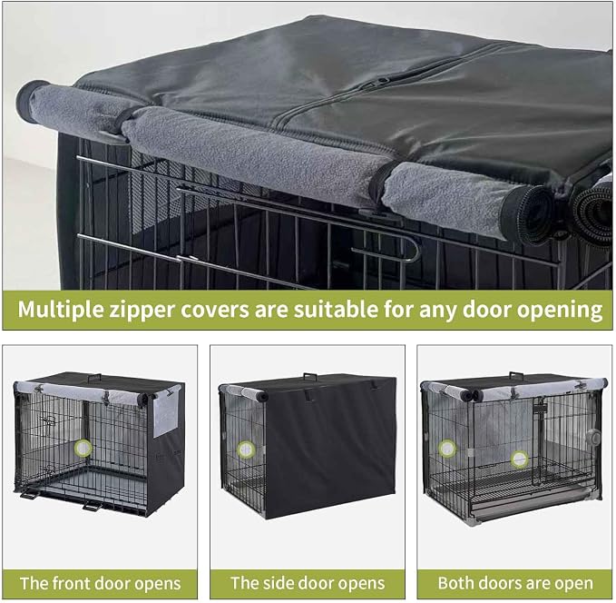 Dog Crate Cover 1200D Heavy Duty Polyester Built-in Anti-freezing Felt | for 48 inch Wire Dog Cage Winter Indoor Outdoor Protection,Waterproof Frostproof Large Dog Kennel Covers - Only cover (Black) - Image 3