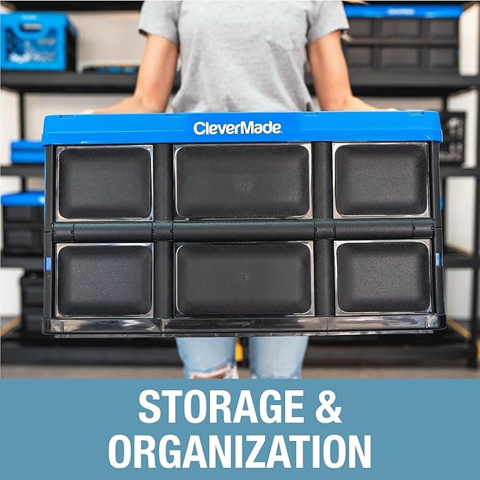 CleverMade Collapsible Storage Bins, 46L, 3 Pack, Ocean | Each bin supports 75 lb for groceries, tools, or gear. Interlocking bases stack securely, and the bins fold to 2.75 inches. - Image 7