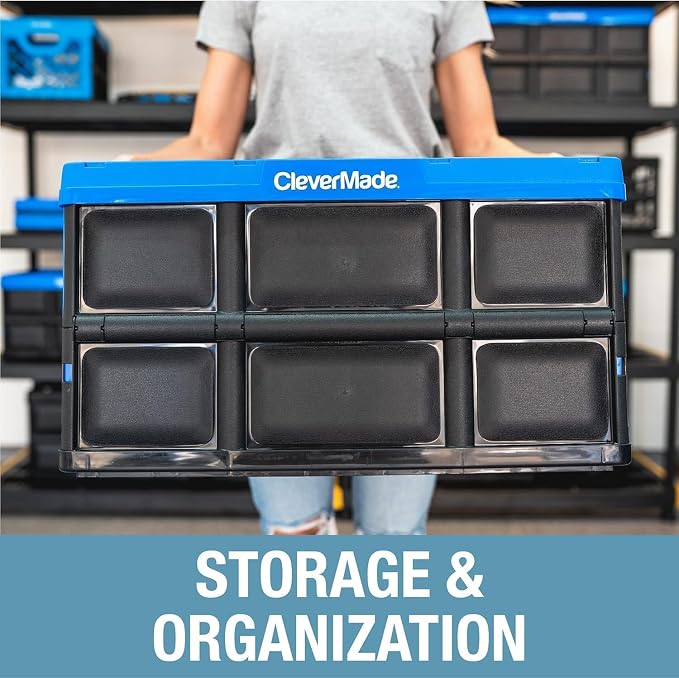 CleverMade Collapsible Storage Bins, 62L, 3 Pack, Ocean | Extra-large bins support 100 lb for groceries, tools, and gear. They stack securely and fold to 2.75 inches for storage. - Image 7