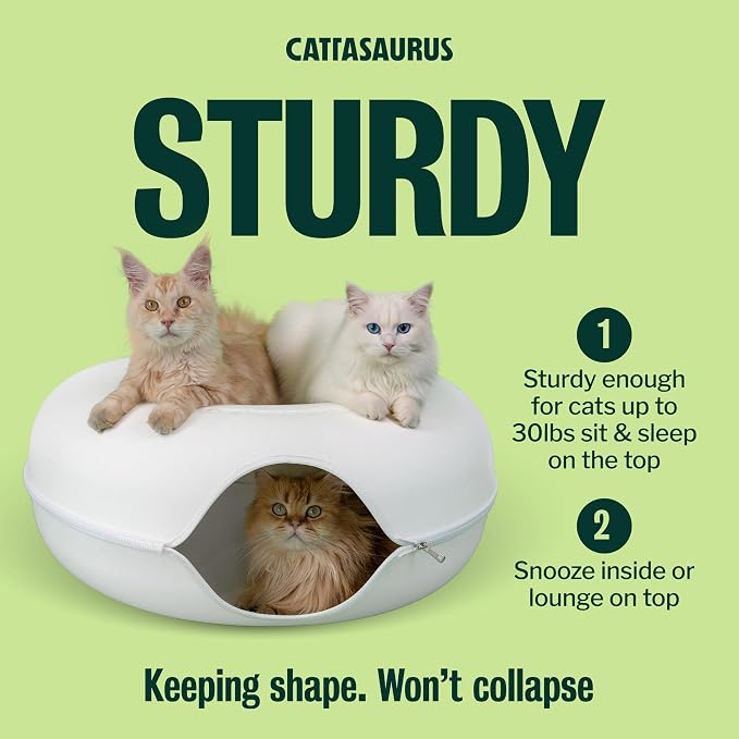 Cattasaurus Peekaboo Cat Cave, Extra Spacious for Multiple & Large Cats 15+ lbs, Scratch Detachable Cat Beds for Indoor Cats, Washable Tunnel Bed, Comfy Donut Tunnel (White, Jumbo) - Image 3