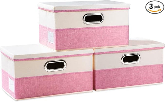 PRANDOM Collapsible Storage Bin with Lid [3-Pack] Fabric Foldable Storage Box Organizer Container Basket Cube with Cover for Home Bedroom Closet Office Nursery Pink&Cream(14.9x9.8x9.8) by Prandom