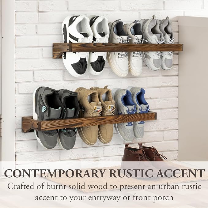 MyGift 30 Inch Rustic Burnt Wood Hanging Shoe Rack Wall Mounted Storage | Holds 6 Pairs, Two Piece Set, Space Saving Solution, Easy Installation, Home Organization, Rustic Interior Accent - Image 3