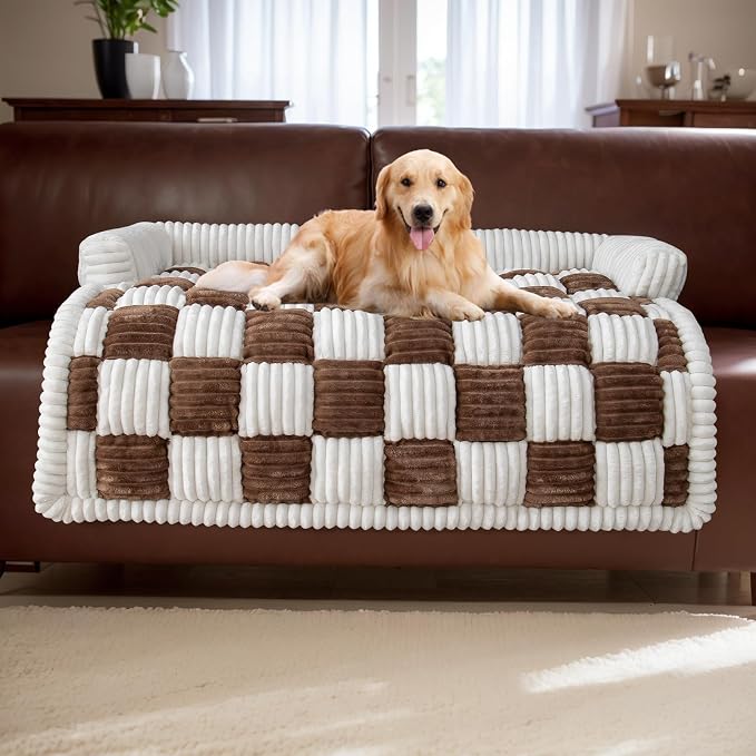 TOPCHANCES Dog Couch Cover,Thickened Quilted Plaid Funny Fuzzy Pet Couch Covers for Sofa,Washable Non Slip Pet Mat Sofa Dog Cover Protector for Large Dogs(Dark Brown,36x36inch) by TOPCHANCES