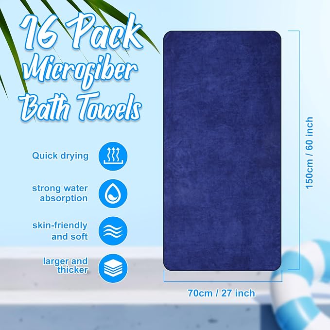 SmoothNovelty 16 Pack Microfiber Bath Towels Bulk 27'' x 60'' Oversized Beach Towel Highly Absorbent Extra Large Soft Drying for Shower Pool Salon Sauna Bathroom Gym Party (Simple,Navy Blue) - Image 2