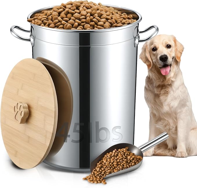 Maxdot 45 Lbs Stainless Steel Food Storage Container for Dog with Airtight Bamboo Lid Spoon & Wooden Claw Handle, Large Metal Pet Food Bin to Keep Fresh Easy Clean & Use for Dog Multiple Pet by Maxdot