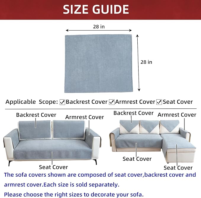 Couch Cover Couch Arm Covers Non Slip Sofa Arm Covers for Dogs Washable Armchair Cover Couch Protector Backrest Cover Sofa Slipcover for Recliner,Chenille,Light Gray,28''x28''(Only 1 Piece) - Image 3