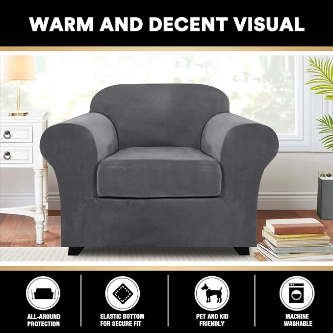 PrinceDeco Velvet Plush Couch Cover Stretch 2 Piece Chair Cover Chair Slipcover Washable Furniture Protector Couch Soft with Elastic Bottom Armchair Cover Width Up to 49 Inch(Small, Grey) - Image 6