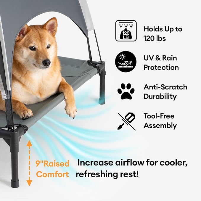 FUNNY FUZZY Elevated Dog Bed with Canopy for Large Dogs up to 120 lbs– Raised Dog Cot Bed with UV Shade,Waterproof,Breathable Mesh,Outdoor & Indoor Use (Grey, X-Large) - Image 2