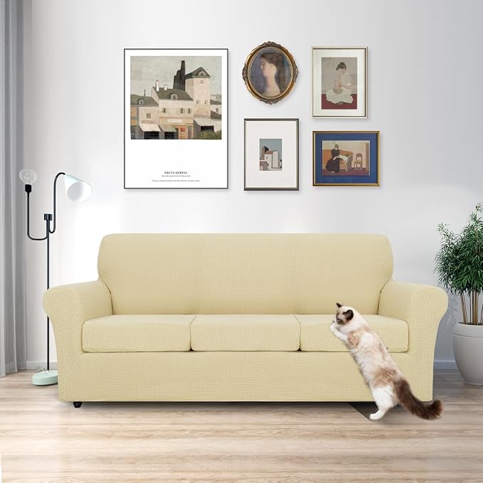 MAXIJIN 4 Piece Couch Covers for 3 Cushion Couch Super Stretch Sofa Cover for Dogs Pet Proof Fitted Furniture Protector Spandex Jacquard Non Slip Magic Couch Slipcover Washable (Large, Beige) - Image 2
