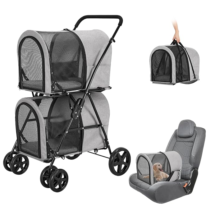 Double Pet Stroller for Dogs and Cats with 2 Detachable Carrier, Quick-Folding Dog Stroller for Medium Small Dogs Cats, 4 Wheels, Light Gray