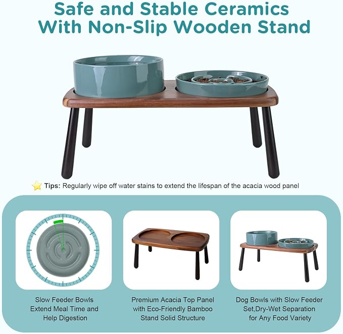 SPUNKYJUNKY Ceramic Elevated Dog Bowls with Slow Feeder Raised Acacia Bamboo Wooden Stand, 8.3'' Dog Food Water Bowls Set Non-Slip for Medium Large Sized Breed Microwave Dishwasher Safe - Dark Green - Image 5