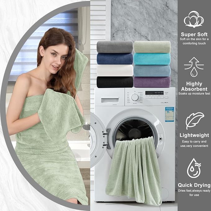 8 Piece Bath Towel Set Green|2 Oversized Large Bath Sheet,2 Hand Towels,4 Washcloths| Ultra Soft Cozy Bath Towel Set for Bathroom Hotel Gym Spa,Highly Absorbent & Quick Dry Bathroom Towel Collections - Image 8