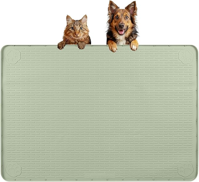 Dog Food Mat 34''x22'' Extra Large Dog Mat for Food and Water, Green | Silicone Dog Bowl Mat with Raised Edge, Waterproof Non-Slip Pet Feeding Mat for Floors, fit for Dog Cat Bowls by Bartuke