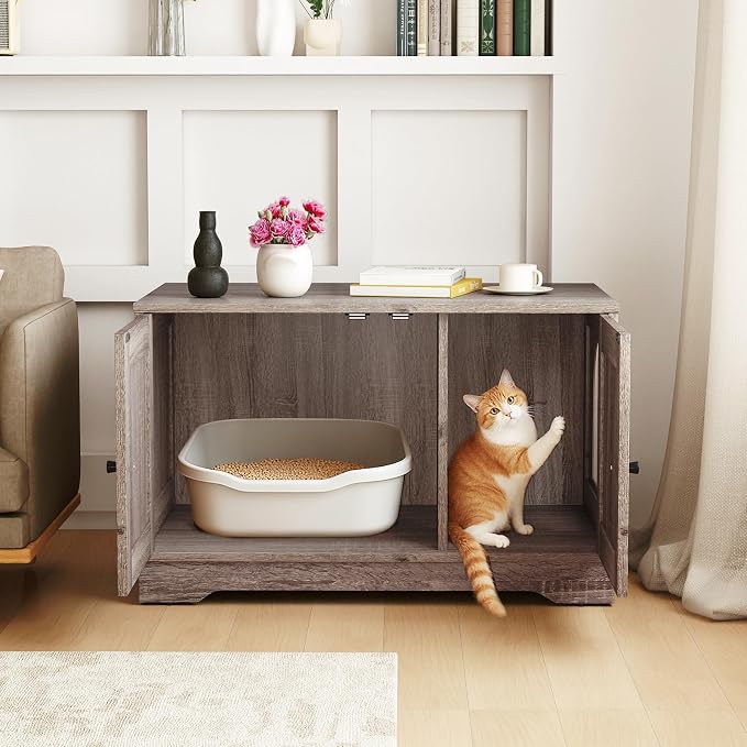 Tangkula Cat Litter Box Enclosure, Wooden Kitty Washroom Cabinet w/Winding Entry & Cat Hole, with Divider, Hidden Double Enclosed Litter Box Furniture for Living Room, Bedroom, Entryway (Grey) - Image 2