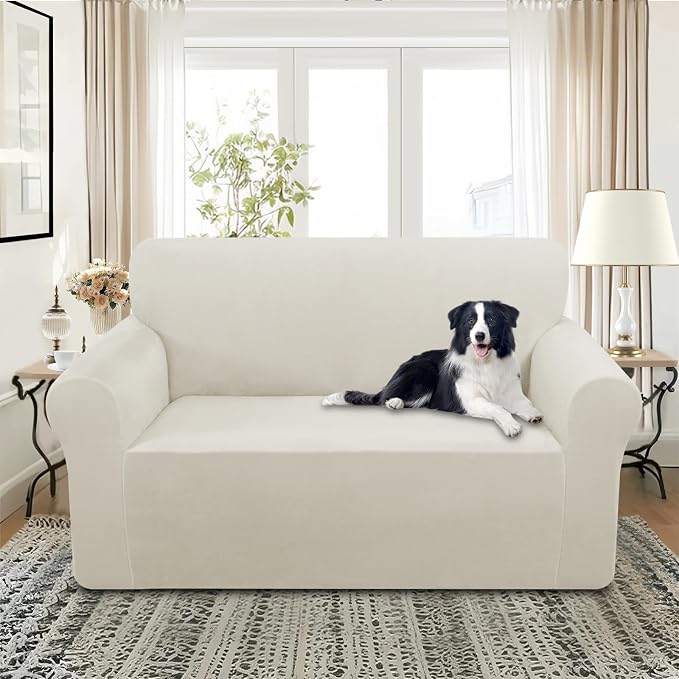 U-NICE HOME Velvet Loveseat Sofa Covers Stretch Couch Cover Furniture Protector Sofa Slipcover for Dogs (Medium, Beige) - Image 2