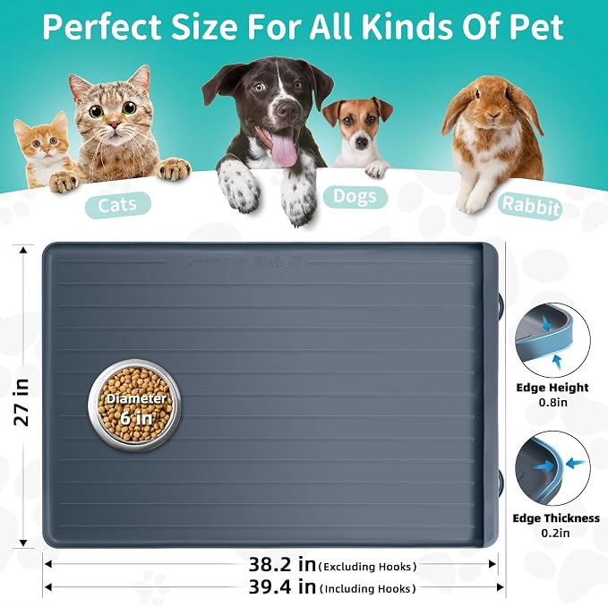 Dog mat for Food and Water - 39.4" x 27" Thickened Large Dog Food Mat | Waterproof Pet Bowl Mat with Residue Collection Pocket and High Edges to Prevent Water and Food Spills - Dark Grey - Image 2