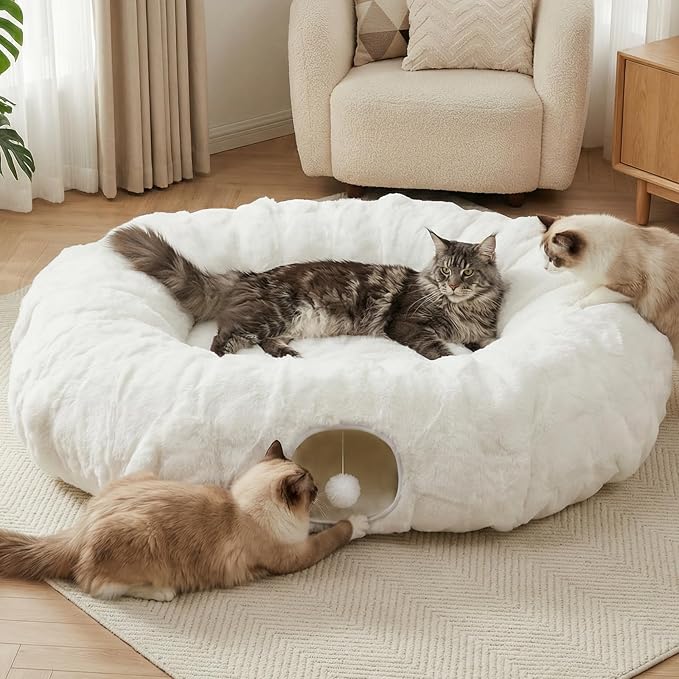 Extra Large Cat Tunnel, 47.2in Luxury Tunnel for Large Cats, Extra Long Bubble Fleece Big Cat Tunnel for Cats with Washable Mat, Skin-Friendly Large Tunnel for Cats, Puppy, Rabbits White by BUMUBI
