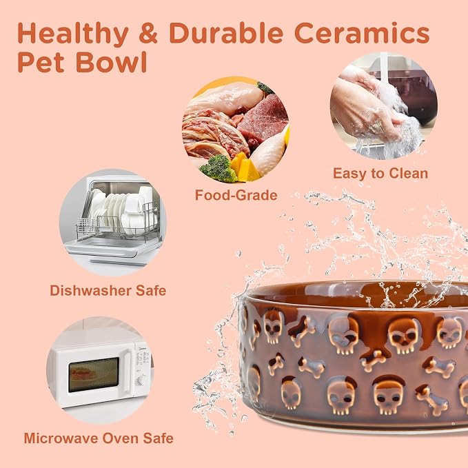 SPUNKYJUNKY Elevated Dog Bowls Ceramic, 8.3'' Dogs Food Water Bowls Raised with Non-Slip Bamboo Stand for Large Sized Breed Microwave Dishwasher Safe - 60 OZ,Skull Bronze - Image 6