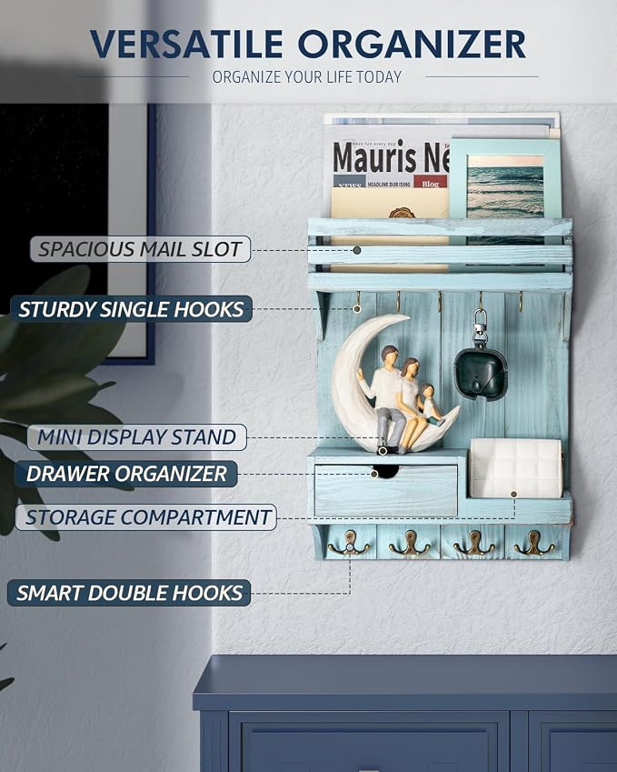 Rebee Vision Key Holder Wall Mount with Drawer & Shelf for Entryway, Blue | Sturdy Wood, Key Holder for Wall, 9 Sturdy Hooks, Floating Shelf, Plant Display, Drawer Organizer, Mail Sorter, Home Decor - Image 5