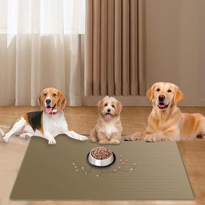 40"x30" Extra Large Silicone Pet Food Mat, XXL Pet Feeding Mat with Raised Edges, Waterproof Dog Bowl Mat for Food and Water, Cat and Dog Placemat for Floors, Light Brown by WelcometoLOGIFTVE