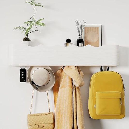 Coat Rack Wall Mount with Shelf 5 Hidden Hooks Modern Wooden Key Holder Entryway Organizer for Hallway Bedroom Bathroom Home Decor Storage for Hanging Coats Hats Bags Towels, Wave-Shape White by Jadoxy