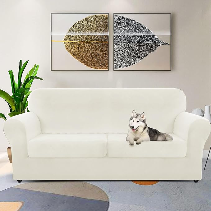 ZNSAYOTX Oversized Velvet 3 Piece Couch Cover with 2 Extra Large Seat Cushion Covers Stretch Sofa Cover for 2 Cushion Couch Thick Soft Loveseat Sofa Slipcover (Beige),72"-92"(2 Cushions) - Image 2