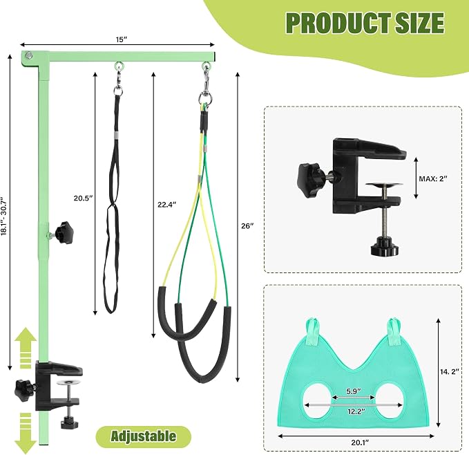 getlstub Dog Grooming Arm with Pet Grooming Hammock, 35" Pet Grooming Table Arm with Adjustable No Sit Haunch Holders, Dog Grooming Stand with Loop Noose for Small and Medium Pets, Green - Image 6