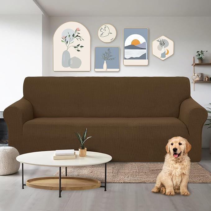 U-NICE HOME Stretch Couch Cover Slipcover for 3 Cushion Sofa, Brown | 1-Piece Sofa cover, Washable, Pet friendly, Furniture protector, Polyester Spandex Jacquard fabric - Image 2
