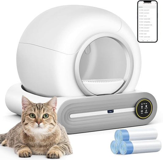 Self Cleaning Cat Litter Box, 65L+ 9 L Extra Large Robot Automatic Litter Box for Multiple Cats, APP Control, Deodorization with 1 Odor Eliminator, 3 Rolls Litters Bags by DJDUCK