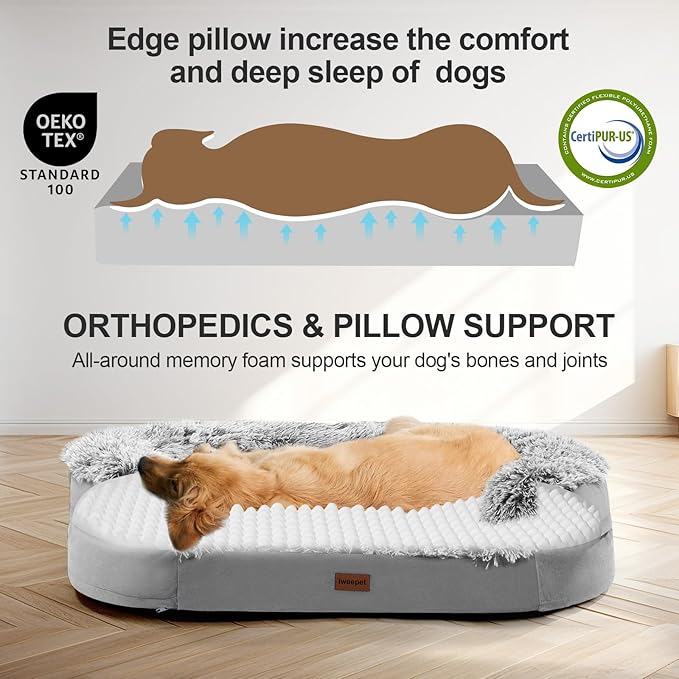 iweepet Fluffy Calming Orthopedic Dog Beds for Medium & Large Dogs, Supportive Dog Sofa Bed with 3.7 inch 28D Egg-Crate Foam, Removable Washable Plush Cover, Waterproof Lining, 41'',Grey - Image 5