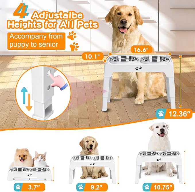 COMESOON Elevated Dog Bowls, 4 Height Adjustable Raised Bowl Stand with 2 Thick 50oz Stainless Steel Food Bowls Non-Slip Feeder Adjusts to 3.7'', 9.2'', 10.75'', 12.36'' White - Image 2