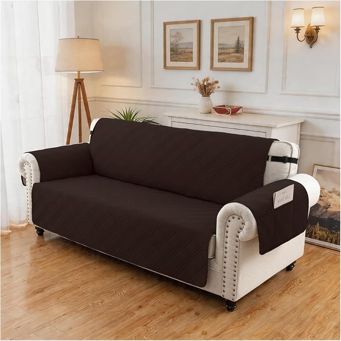 100% Waterproof Couch Cover for Dogs, Washable Anti-Slip Sofa Cover with Elastic Straps & Side Pockets, Quilted Furniture Protector for Kids & Pets (3 Cushion 68", Chocolate) - Image 8
