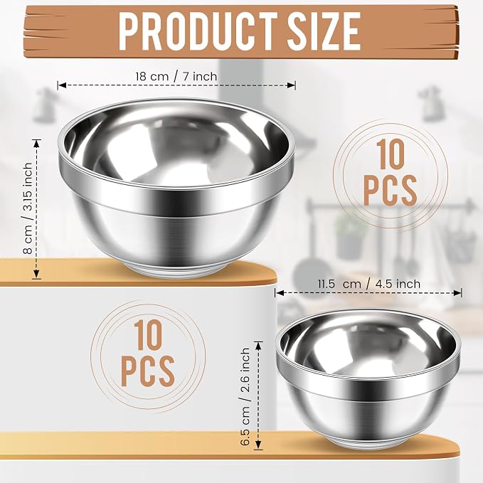 Mimorou 20 Pack 304 Stainless Steel Bowls Set 13 oz 34 oz Metal Double Walled Insulated Snack Mixing Lightweight Multipurpose Toddler Dinner Bowls for Ice Cream, Cereal, Snack - Image 2