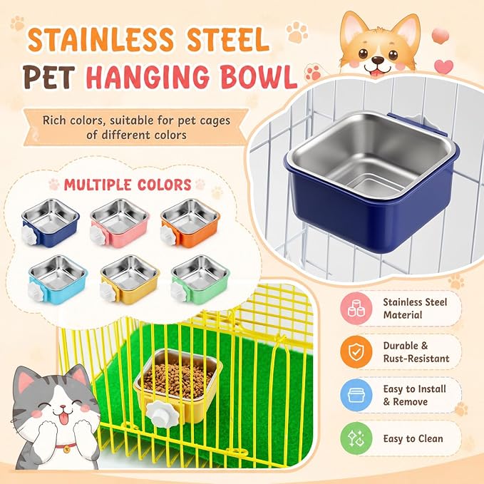 LemonRoad 12 Pcs Dog Crate Water Bowl Bulk No Spill Hanging for Kennel Removable Stainless Steel Puppy Food Water Feeding Bowls Cage Coop Cup for Dogs Cats Rabbits Birds Ferret(Square Bowl) - Image 6