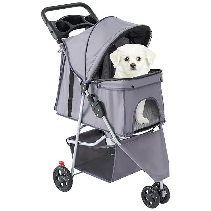 Sweetcrispy 3 Wheels Pet Stroller for Small Dogs and Cats – Foldable Dog Stroller with Mesh Windows, Storage Basket & Cup Holder, Lightweight & Durable Pet Carrier for Travel, Outdoor Use, Grey