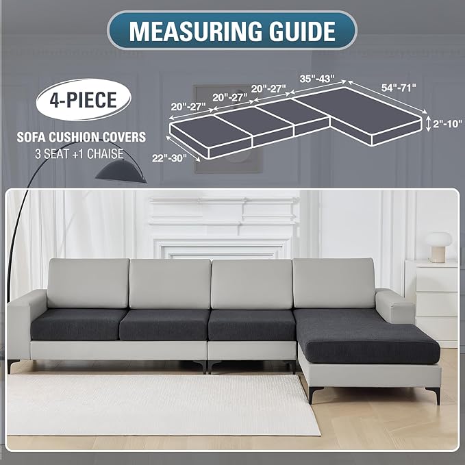 Couch Cushion Covers for Sectional Sofa Stretch Sofa Slipcovers Washable Wear-Resistant Sectional Couch Covers L Shaped Seats Furniture Protectors for Pets(Dark Grey, 3 Seater+1 Chaise) - Image 2