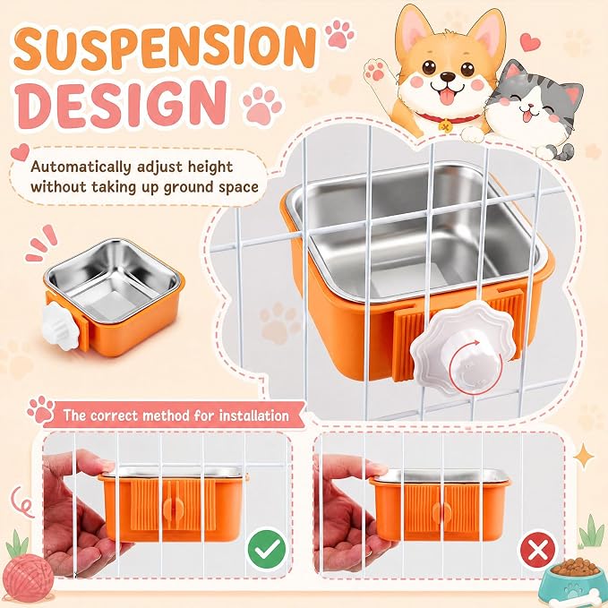 LemonRoad 12 Pcs Dog Crate Water Bowl Bulk No Spill Hanging for Kennel Removable Stainless Steel Puppy Food Water Feeding Bowls Cage Coop Cup for Dogs Cats Rabbits Birds Ferret(Square Bowl) - Image 4