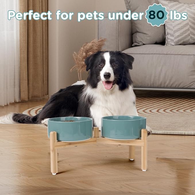 SPUNKYJUNKY Elevated Dog Bowls Ceramic, 7.3'' Dogs Food Water Bowls Raised with Non-Slip Bamboo Stand for Medium to Large Sized Breed Microwave Dishwasher Safe - 42 OZ,Dark Green - Image 7