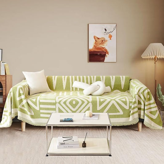 71" x150" Chenille Green Boho Sofa Cover for 3-4 Seater Couch, Reversible Green Geometric Pattern Couch Cover with Tassels, Washable Sofa Slipcover for Pets Dog Cat Furniture Protector by TOYROOM