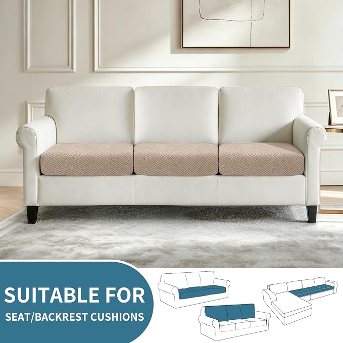 XINEAGE Large Couch Cushion Covers Seat Cushion Cover Thick Stretch Sofa Slipcovers 3 Piece Individual Couch Covers with Elastic Bottom(3 XL Seat Cushion/Backrest,Khaki) - Image 2