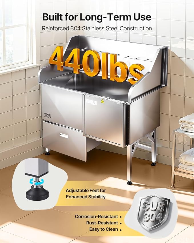 VEVOR Professional 304 Stainless Steel Dog Bathing Station, 50 inch Pet Grooming Tub w/Anti-Slip ramp, Storage Drawer, Cold Hot Faucet Showerhead, for Large & Medium & Small (Right Door, with Drawer) - Image 6