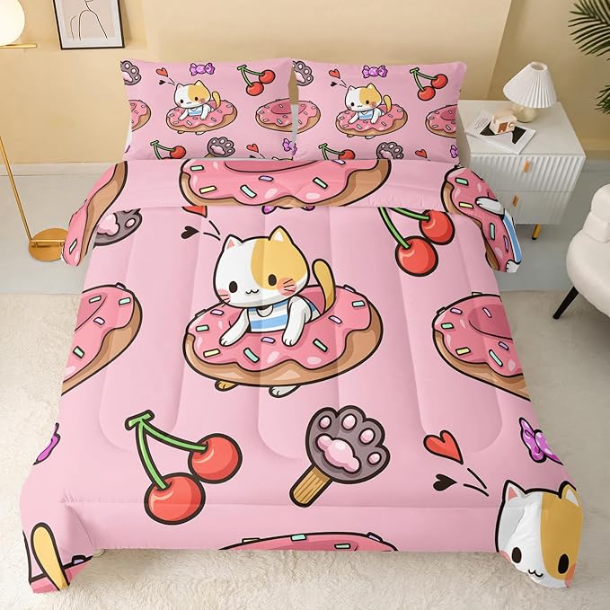 QOOMO Kawaii Cat Comforter Full Size,Doughnut Cherry Cat Comforter Set for Kids Teens Girls,3Pcs Bedding Set Printed Comforter with 2 Pillowcases,Soft and Lightweight(Pink，Full Size) - Image 2