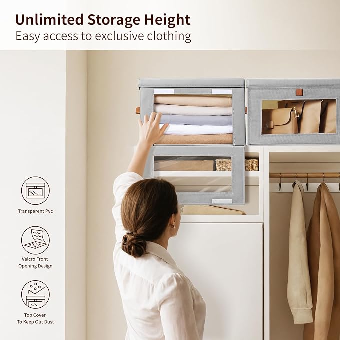 Homsorout Large Closet Storage Organizer - Clothes Storage Bins with Handles & Window, Collapsible Decorative Boxes with Lids, Fabric Containers for Living Room, Dorm, 5 Pack, Grey - Image 2